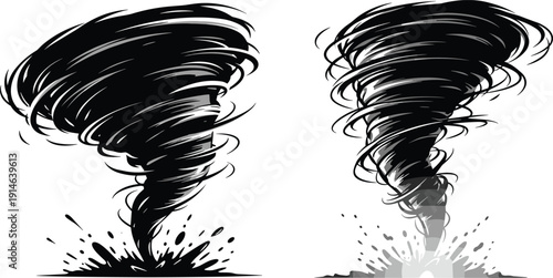 Black and white vector illustration of powerful tornado twisters with debris clouds and wind swirls for weather and disaster themes.