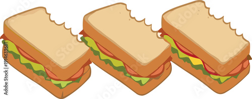 Fresh Sandwich Collection with Lettuce Tomato and Cheese Layers Cartoon Food Vector Illustration Set