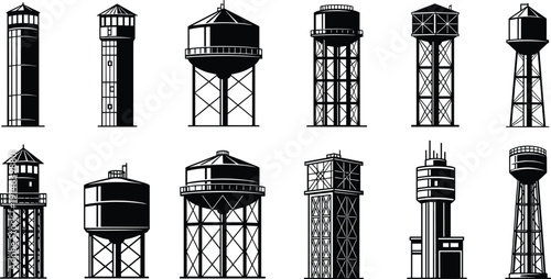 Black silhouette vector of various industrial water towers and storage tanks with metal structures for urban infrastructure and utility supply themes.