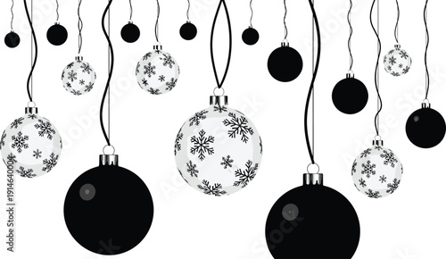 Black and white vector illustration of hanging Christmas baubles with snowflake patterns and solid silhouettes for holiday winter season decorations.