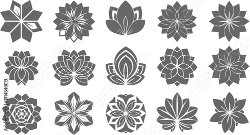 unique grayscale floral designs, organized into three rows. Each design showcases a different interpretation of floral motifs, emphasizing variety in petal shapes and complexities.