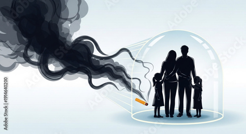 Family protected from cigarette smoke in a bubble symbolizing health and safety