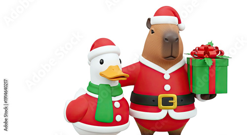 Capybara and Duck in Santa Outfits with Christmas Gift