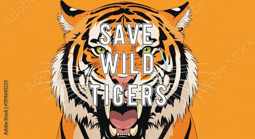 Tiger face with save wild tigers conservation message on orange background