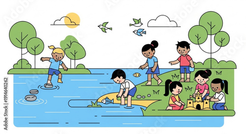 Children playing by serene lake on sunny day with sandcastle and friends