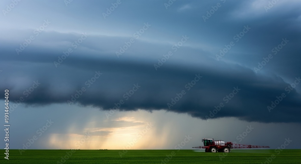 Fototapeta premium Tractor driving through a field under a large storm cloud at sunset or sunrise time