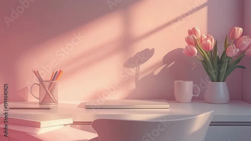 Aesthetic Pink Home Office with Sunlight and Tulips.