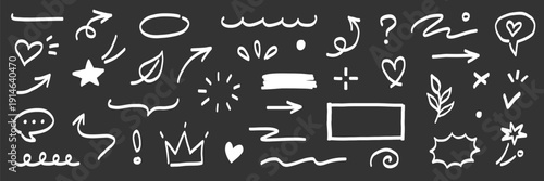 Marker line brush arrow, underline, highlight scribble set. Marker pen line brush hand drawn arrow stroke sketch element shape on chalkboard. Doodle underline circle frame icons. Vector illustration
