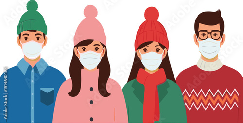 People Wearing Protective Face Masks in Winter Clothing Health Safety Vector Illustration