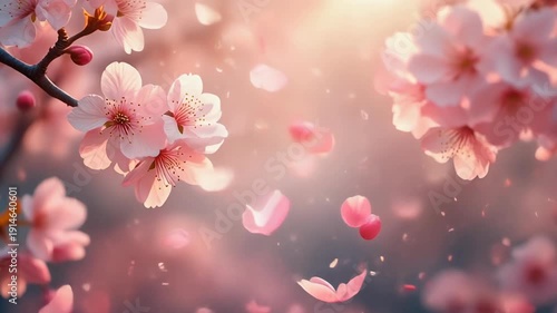 Beautiful Cherry Blossom Petals Falling in a Dreamy Spring Landscape.