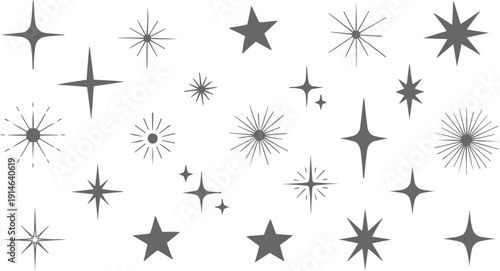 The image features a collection of star icons in varying styles, all presented in a gray color against a clean 