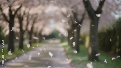 Beautiful Cherry Blossom Petals Falling in a Park Pathway.
