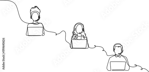 Continuous line drawing of customer service team wearing headsets with laptops remote work call center minimalist vector illustration