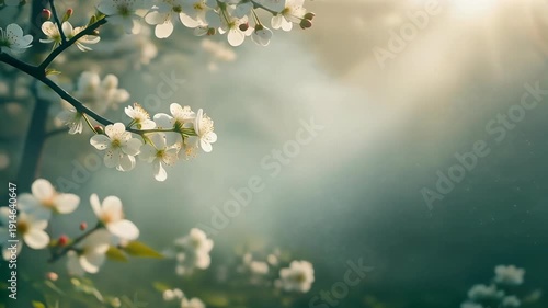 Beautiful Cherry Blossom Tree Branches with White Flowers in Spring Sunlight.