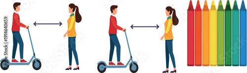 Primary and Secondary Colors Illustration with People and Scooter Demonstrating Color Mixing Concept in Flat Style