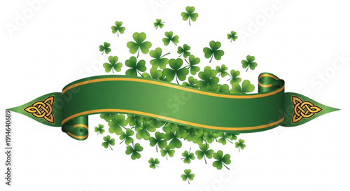 St patrick's day banner with green ribbon and shamrocks on white background for luck and celebration