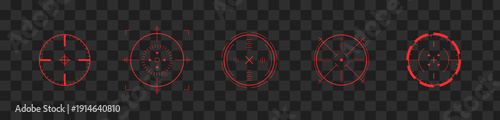 Crosshair Hud red. Combat game interface with navigation Hud. Aiming reticle for futuristic shooter or military simulation with radar and tech panel elements. Modern Vector illustration.