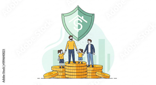 Family standing on stacked coins under protective shield with dollar sign symbolizing financial security and savings for future generations