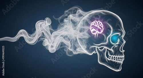 X-ray skull with glowing brain and smoke representing mental health concept abstract digital illustration on dark background