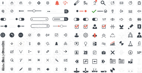 Professional glassmorphism UI/UX kit featuring frosted glass icons, search bars, toggle switches, and navigation components with orange accent for modern dashboard design