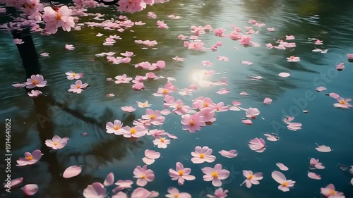 Beautiful Pink Cherry Blossom Petals Floating on Serene Water Surface in Spring.