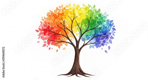 Vibrant rainbow tree with colorful leaves symbolizing growth and diversity isolated on white background for creative design concepts