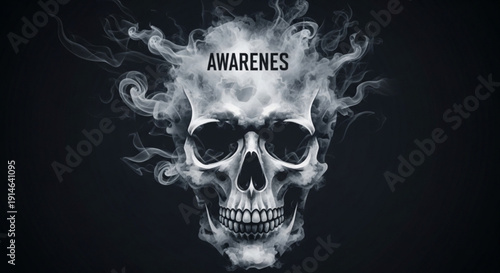 Smoking skull with awareness text on black background symbolizing danger and consciousness