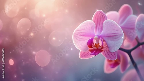 Beautiful Pink Orchid Flowers Blooming with Sparkling Bokeh Background.