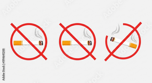 No smoking symbols with red circle and line prohibited cigarette icons on white background