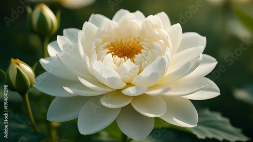 Beautiful White Lotus Flower Blooming in Serene Garden Pond.