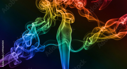 Colorful smoke wisps in rainbow gradient abstract swirling vapor trails on black background dynamic motion and ethereal energy
