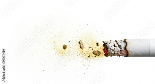 Smoking cigarette butt with ash and smoke on white background symbolizing quitting or health risks