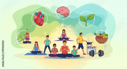 Diverse group practicing yoga outdoors with wellness icons promoting health and mindfulness in nature