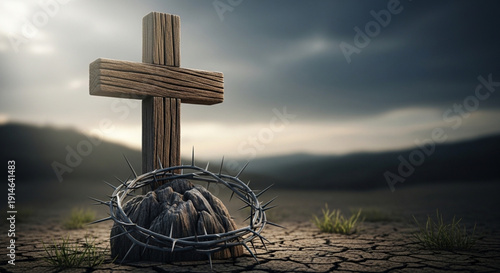 Wooden cross and crown of thorns on cracked earth symbolizing faith sacrifice and resurrection with dramatic sky