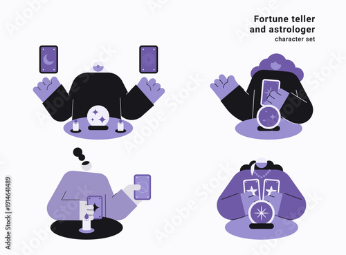 Fortune teller and astrologer character set with tarot cards, crystal ball, candles and mystical symbols. Vector illustration collection for spiritual and divination concepts.