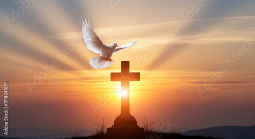 Dove flying over cross at sunset with sun rays symbolizing peace and spirituality in a serene landscape