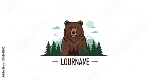Brown bear standing in front of pine trees and mountains with cloudy sky