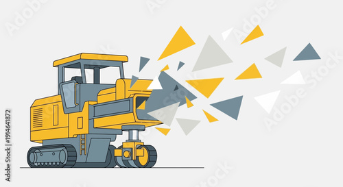 Heavy Industrial Machine Creating Abstract Geometric Debris Burst