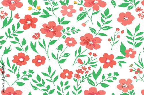 Seamless Coral Floral Pattern with Green Leaves Decorative Spring Botanical Vector Background