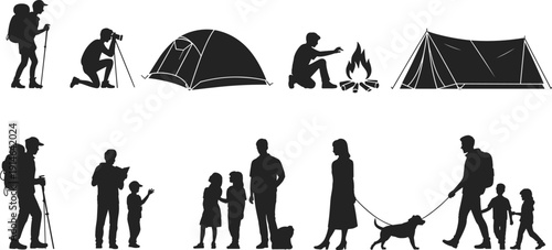 Camping silhouette illustration, hiking family, outdoor recreation, tent and campfire, nature activity vector, adventure design, travel artwork, bonding in nature scene