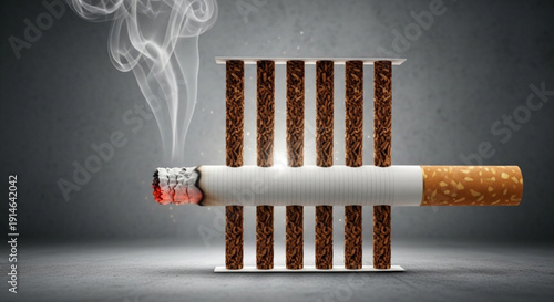 Smoking cigarette with smoke and pack of cigarettes on gray background symbolizing nicotine addiction and health risks