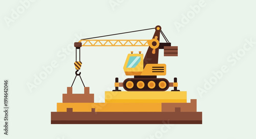 Heavy Lifting Crane Machine Working on Construction Site Flat Design Illustration