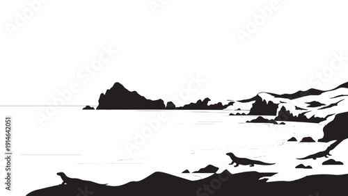 Majestic black and white rocky coastline with calm sea and distant horizon.