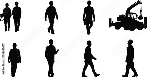 Construction worker silhouettes illustration, hard hat safety, crane vehicle, building site artwork, labor workforce vector, industrial design, teamwork concept, construction activity scene