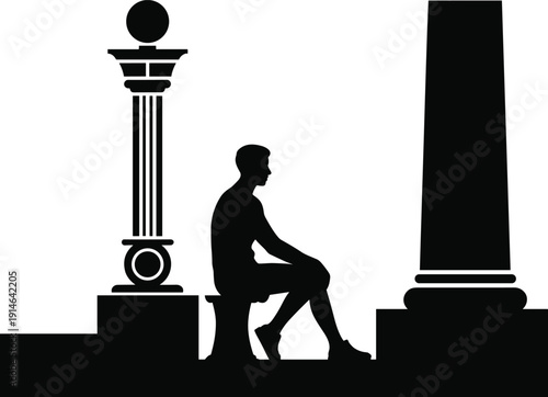 Silhouette illustration, person sitting, decorative column, classical architecture, contemplation artwork, solitude design, cultural heritage vector, minimalist scene, artistic composition, monument c
