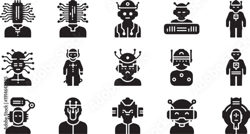 Black and white robot and human icons on white background