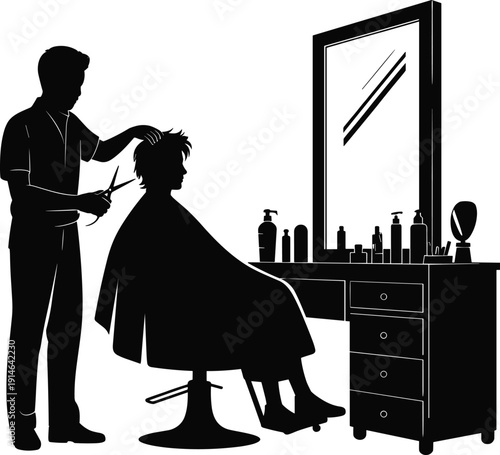 Hair salon silhouette illustration, hairstylist cutting hair, client grooming, beauty service vector, professional haircut design, fashion salon artwork, personal care concept