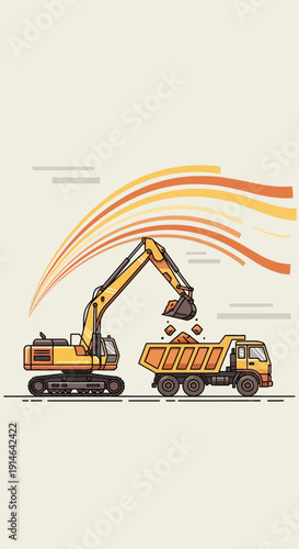 Heavy Machinery Excavator Loading Dump Truck Construction Site Yellow Machines Working