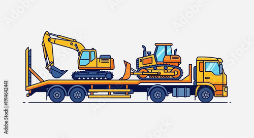 Heavy Machinery Transport On Flatbed Truck Construction Equipment Logistics