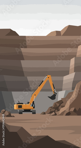 Heavy Machinery Excavator Working In Large Open Pit Mine Construction Site